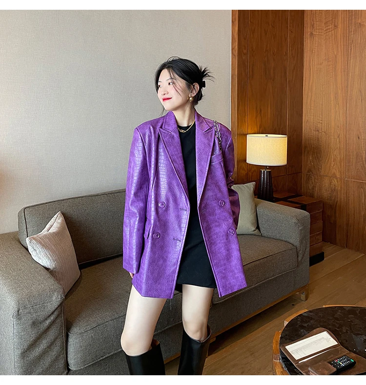 Lautaro Autumn Oversized Shiny Purple Crocodile Pattern Faux Leather Blazer Women Long Sleeve Double Breasted Y2K Jacket Fashion