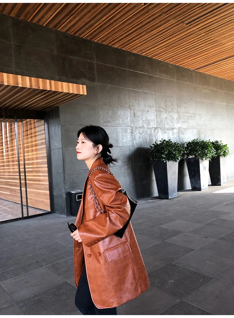 Lautaro Autumn Oversized Shiny Purple Crocodile Pattern Faux Leather Blazer Women Long Sleeve Double Breasted Y2K Jacket Fashion