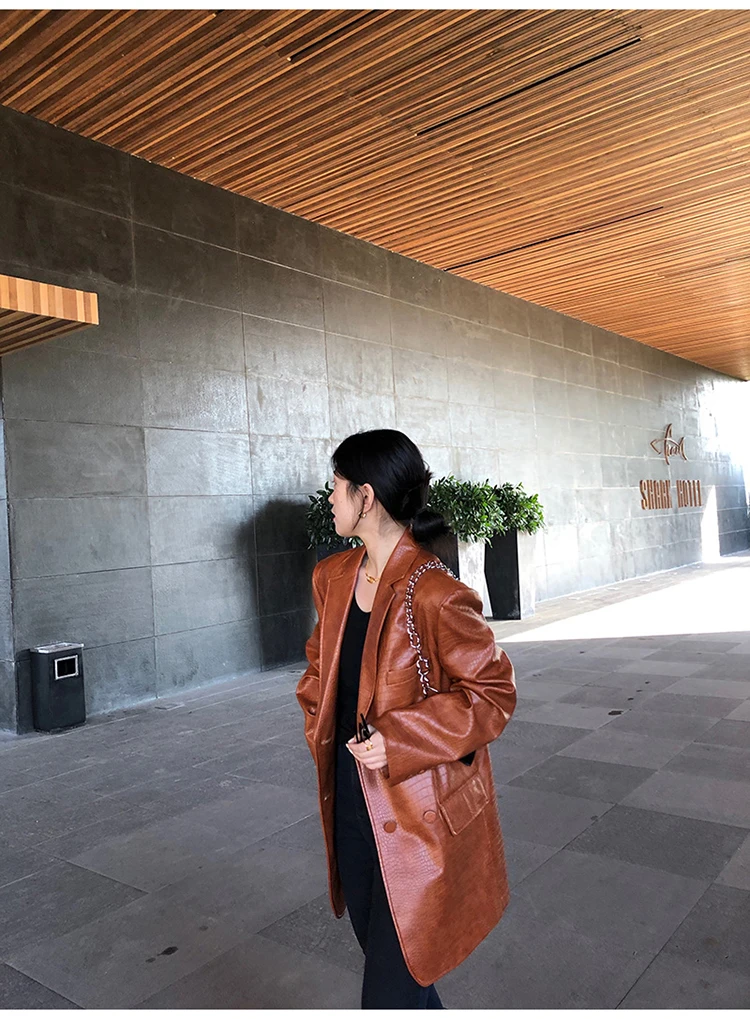 Lautaro Autumn Oversized Shiny Purple Crocodile Pattern Faux Leather Blazer Women Long Sleeve Double Breasted Y2K Jacket Fashion