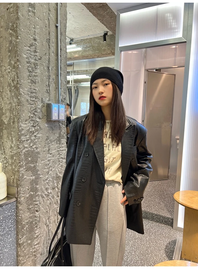 Lautaro Autumn Oversized Shiny Purple Crocodile Pattern Faux Leather Blazer Women Long Sleeve Double Breasted Y2K Jacket Fashion
