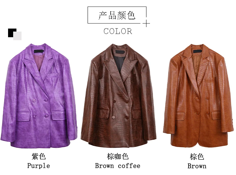 Lautaro Autumn Oversized Shiny Purple Crocodile Pattern Faux Leather Blazer Women Long Sleeve Double Breasted Y2K Jacket Fashion