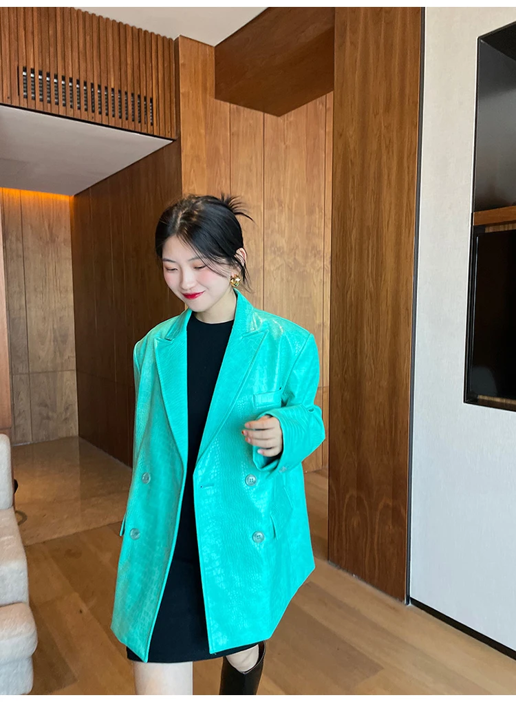 Lautaro Autumn Oversized Shiny Purple Crocodile Pattern Faux Leather Blazer Women Long Sleeve Double Breasted Y2K Jacket Fashion
