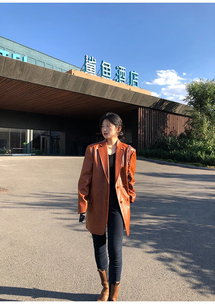 Lautaro Autumn Oversized Shiny Purple Crocodile Pattern Faux Leather Blazer Women Long Sleeve Double Breasted Y2K Jacket Fashion