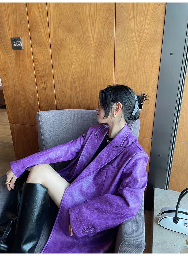 Lautaro Autumn Oversized Shiny Purple Crocodile Pattern Faux Leather Blazer Women Long Sleeve Double Breasted Y2K Jacket Fashion