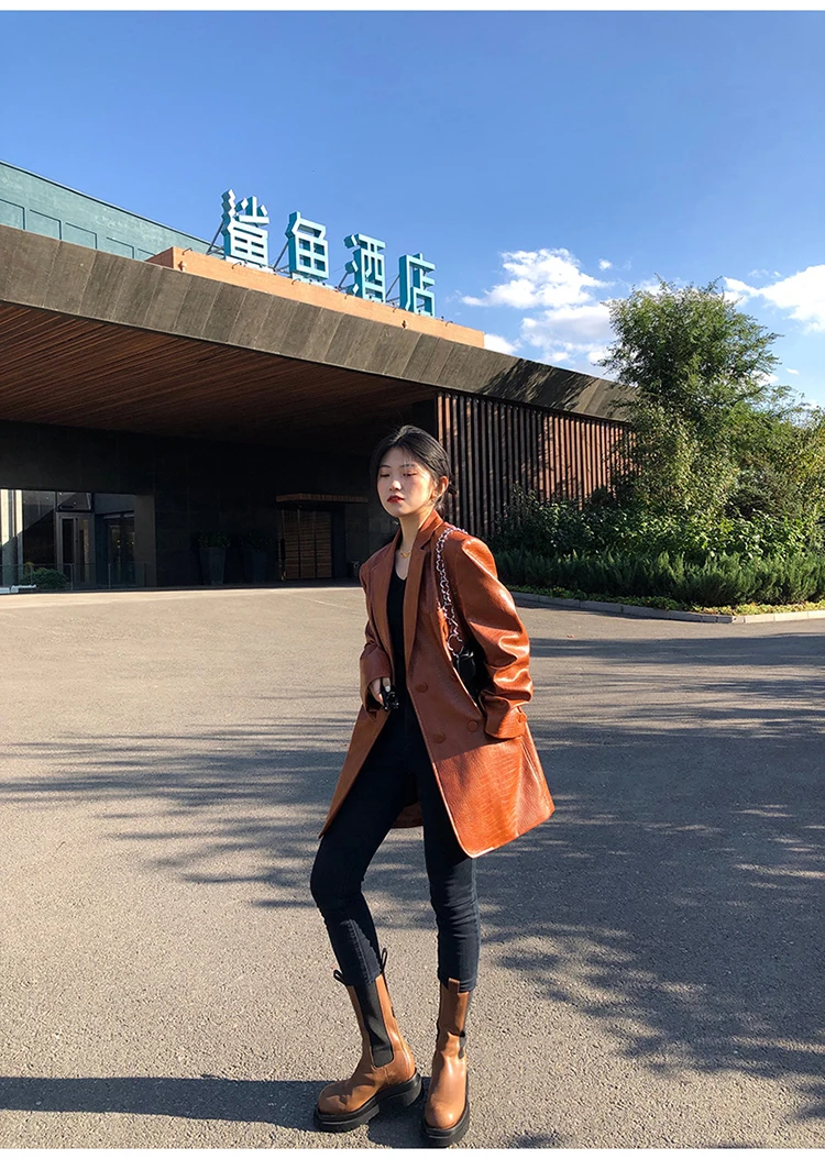 Lautaro Autumn Oversized Shiny Purple Crocodile Pattern Faux Leather Blazer Women Long Sleeve Double Breasted Y2K Jacket Fashion