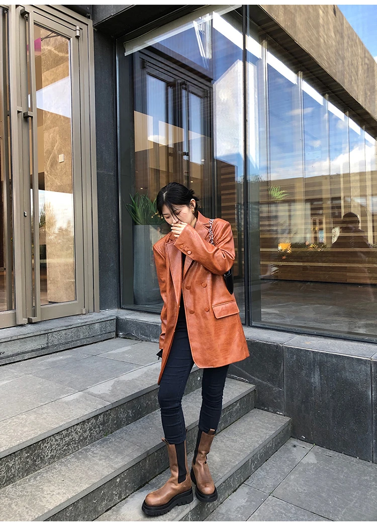 Lautaro Autumn Oversized Shiny Purple Crocodile Pattern Faux Leather Blazer Women Long Sleeve Double Breasted Y2K Jacket Fashion