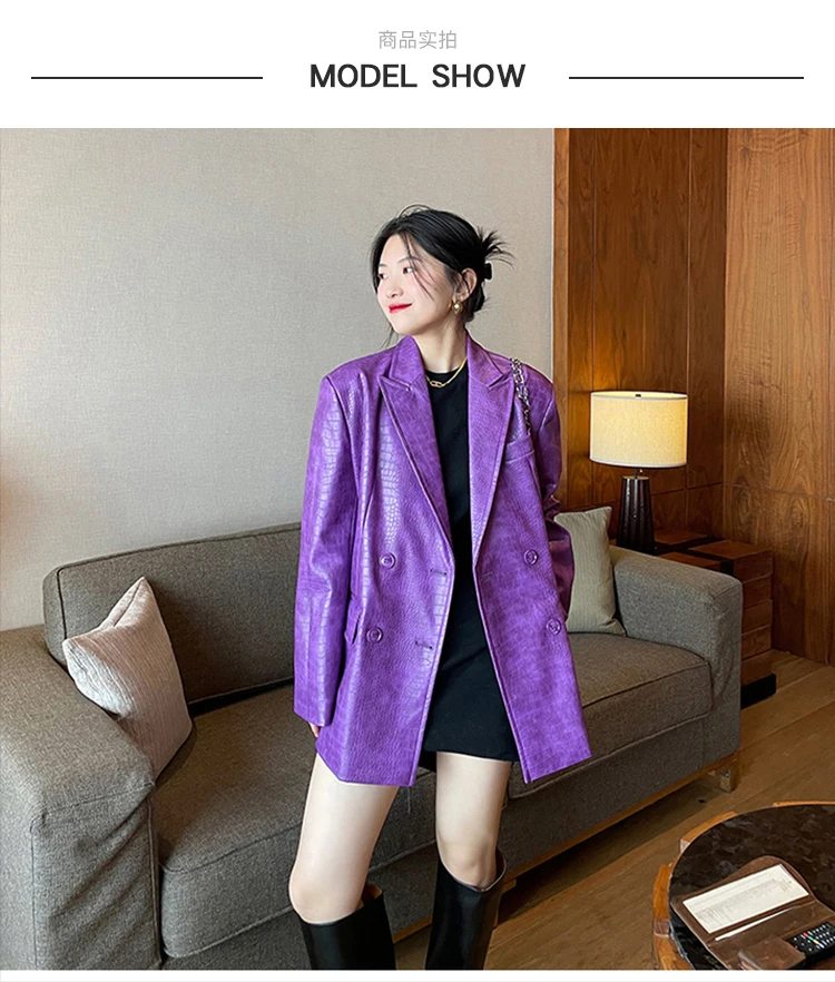 Lautaro Autumn Oversized Shiny Purple Crocodile Pattern Faux Leather Blazer Women Long Sleeve Double Breasted Y2K Jacket Fashion