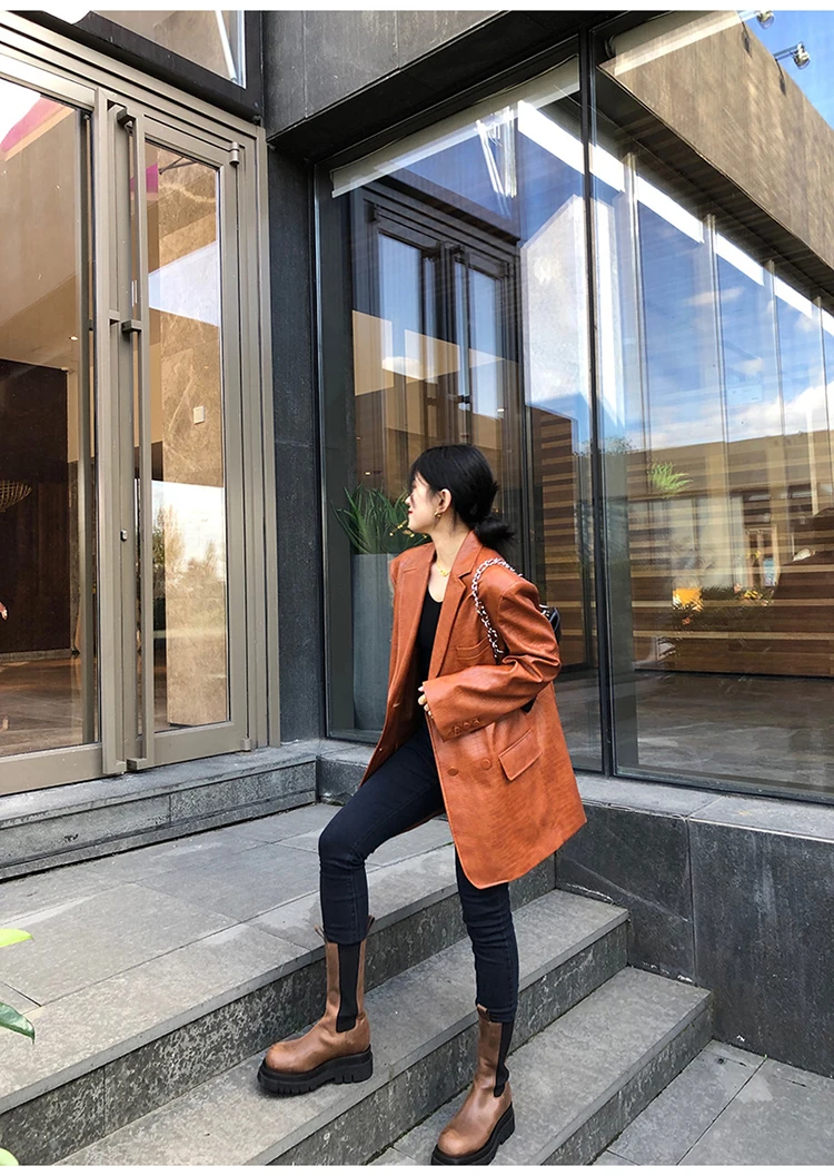 Lautaro Autumn Oversized Shiny Purple Crocodile Pattern Faux Leather Blazer Women Long Sleeve Double Breasted Y2K Jacket Fashion