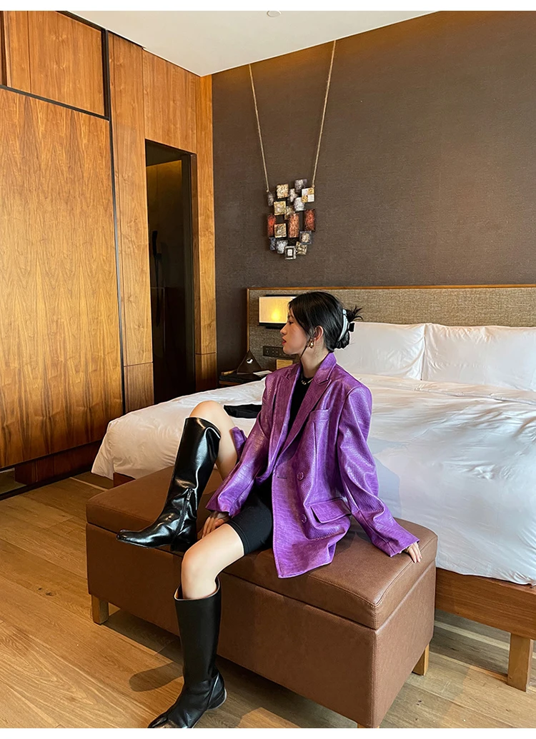 Lautaro Autumn Oversized Shiny Purple Crocodile Pattern Faux Leather Blazer Women Long Sleeve Double Breasted Y2K Jacket Fashion