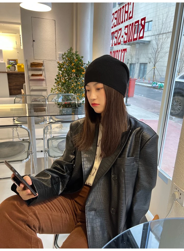 Lautaro Autumn Oversized Shiny Purple Crocodile Pattern Faux Leather Blazer Women Long Sleeve Double Breasted Y2K Jacket Fashion