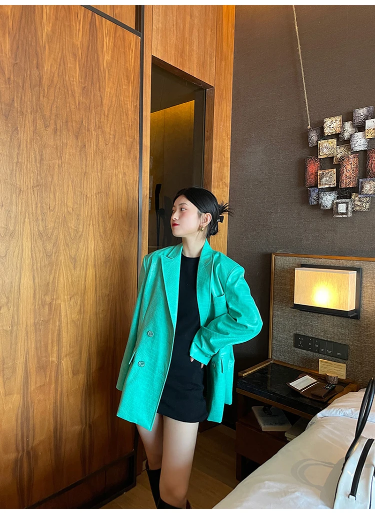 Lautaro Autumn Oversized Shiny Purple Crocodile Pattern Faux Leather Blazer Women Long Sleeve Double Breasted Y2K Jacket Fashion