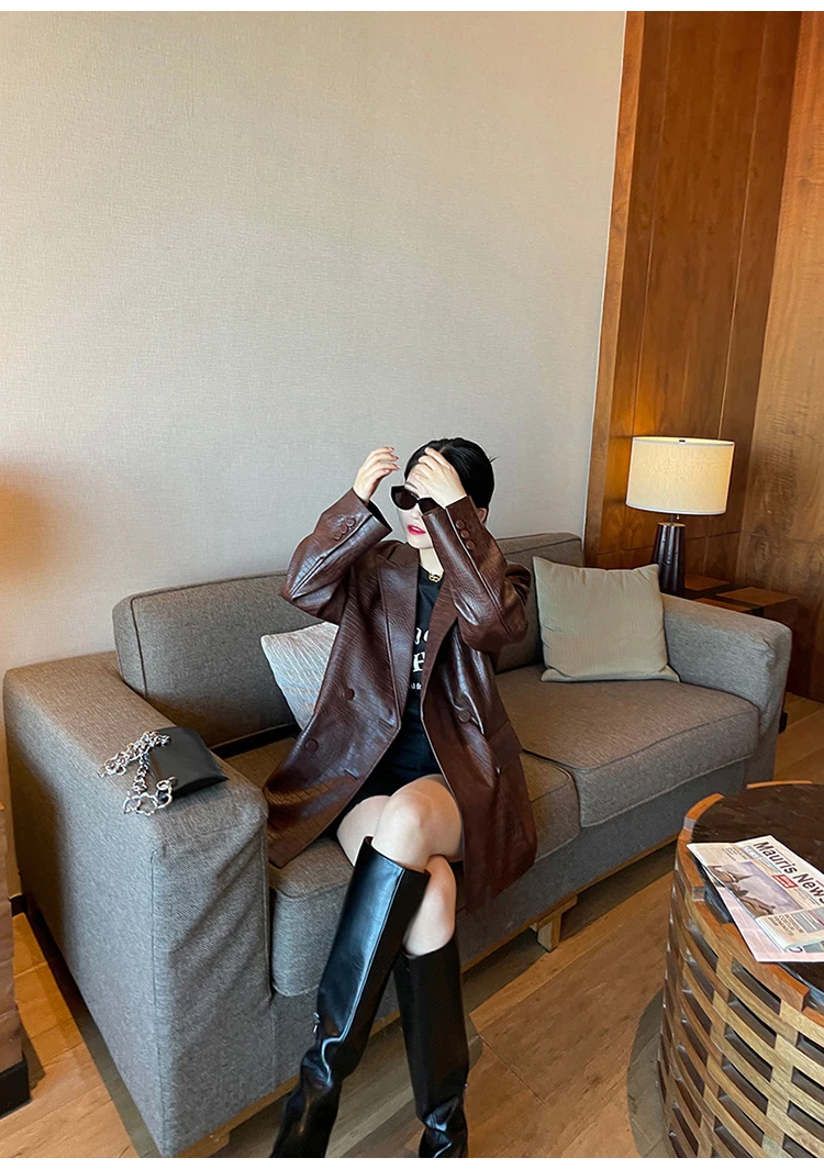 Lautaro Autumn Oversized Shiny Purple Crocodile Pattern Faux Leather Blazer Women Long Sleeve Double Breasted Y2K Jacket Fashion