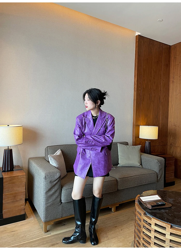 Lautaro Autumn Oversized Shiny Purple Crocodile Pattern Faux Leather Blazer Women Long Sleeve Double Breasted Y2K Jacket Fashion