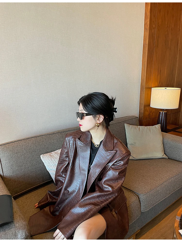 Lautaro Autumn Oversized Shiny Purple Crocodile Pattern Faux Leather Blazer Women Long Sleeve Double Breasted Y2K Jacket Fashion