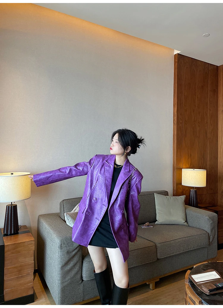 Lautaro Autumn Oversized Shiny Purple Crocodile Pattern Faux Leather Blazer Women Long Sleeve Double Breasted Y2K Jacket Fashion