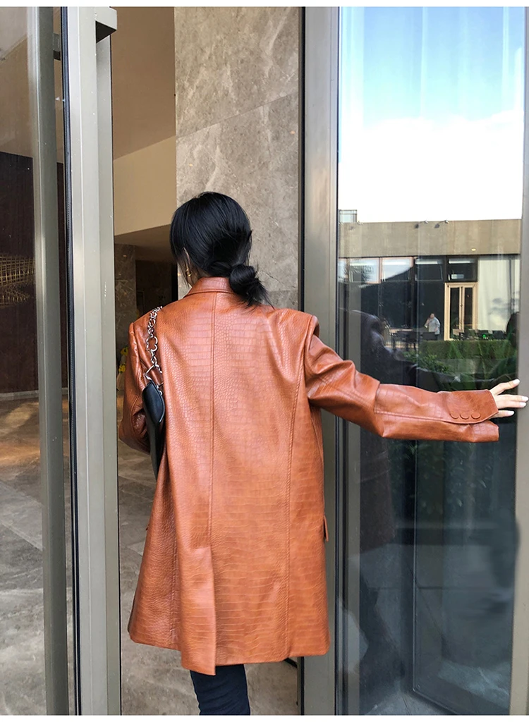 Lautaro Autumn Oversized Shiny Purple Crocodile Pattern Faux Leather Blazer Women Long Sleeve Double Breasted Y2K Jacket Fashion