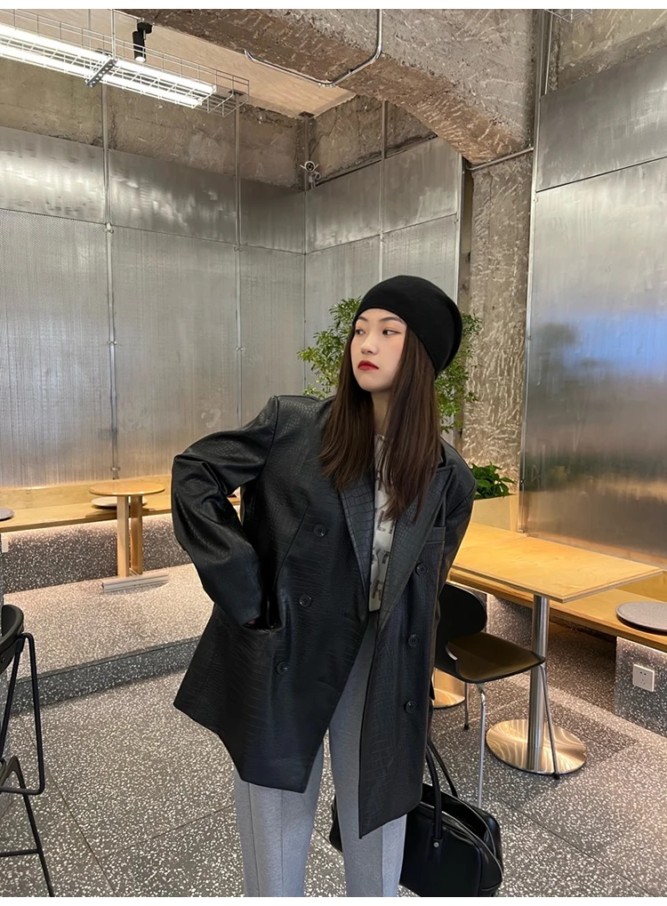 Lautaro Autumn Oversized Shiny Purple Crocodile Pattern Faux Leather Blazer Women Long Sleeve Double Breasted Y2K Jacket Fashion