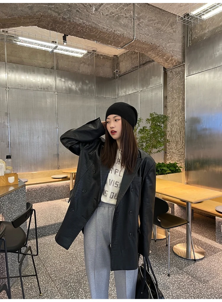 Lautaro Autumn Oversized Shiny Purple Crocodile Pattern Faux Leather Blazer Women Long Sleeve Double Breasted Y2K Jacket Fashion