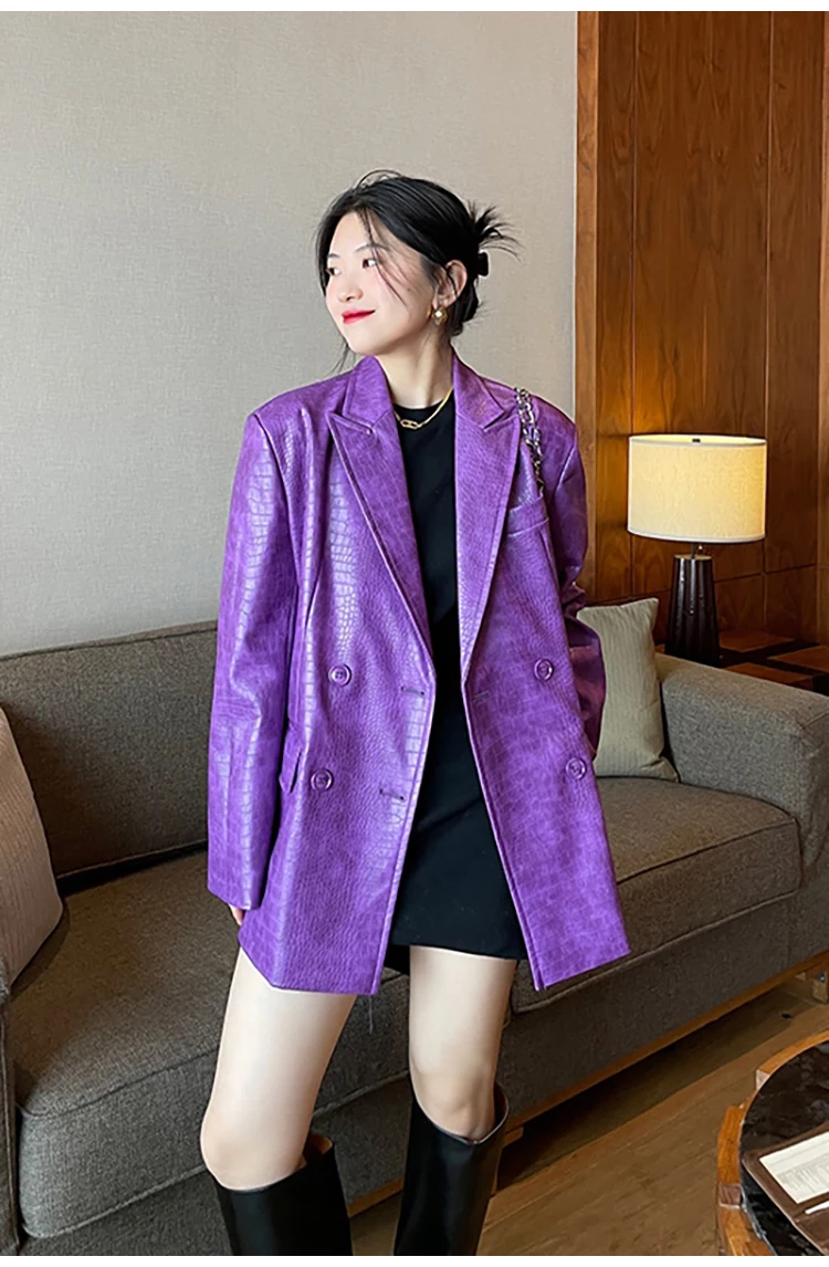 Lautaro Autumn Oversized Shiny Purple Crocodile Pattern Faux Leather Blazer Women Long Sleeve Double Breasted Y2K Jacket Fashion