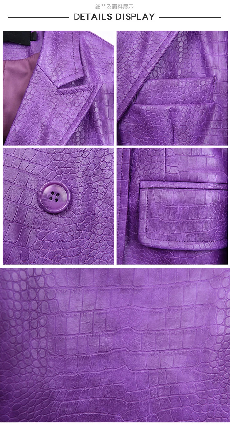 Lautaro Autumn Oversized Shiny Purple Crocodile Pattern Faux Leather Blazer Women Long Sleeve Double Breasted Y2K Jacket Fashion