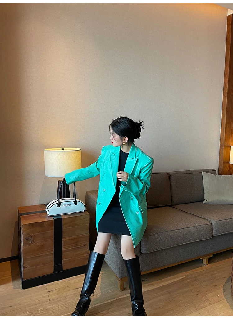 Lautaro Autumn Oversized Shiny Purple Crocodile Pattern Faux Leather Blazer Women Long Sleeve Double Breasted Y2K Jacket Fashion