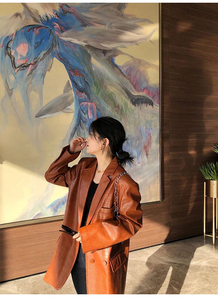 Lautaro Autumn Oversized Shiny Purple Crocodile Pattern Faux Leather Blazer Women Long Sleeve Double Breasted Y2K Jacket Fashion