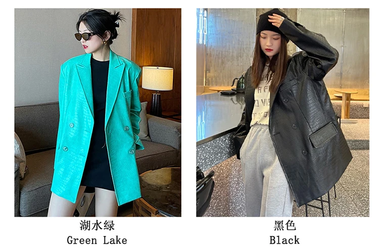 Lautaro Autumn Oversized Shiny Purple Crocodile Pattern Faux Leather Blazer Women Long Sleeve Double Breasted Y2K Jacket Fashion