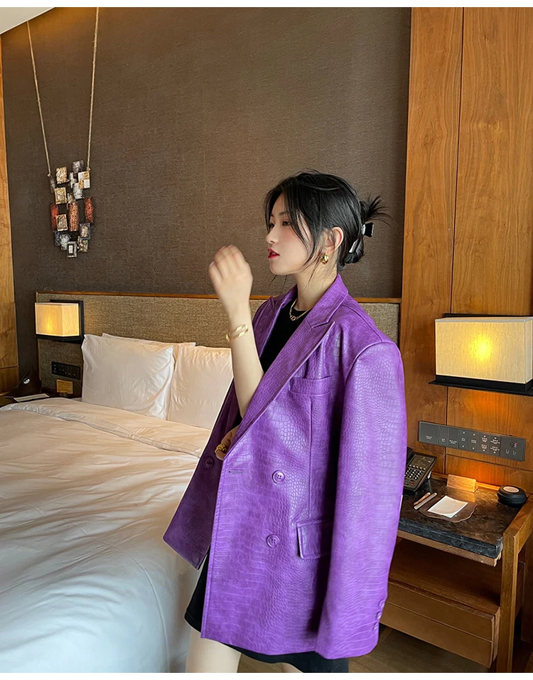 Lautaro Autumn Oversized Shiny Purple Crocodile Pattern Faux Leather Blazer Women Long Sleeve Double Breasted Y2K Jacket Fashion