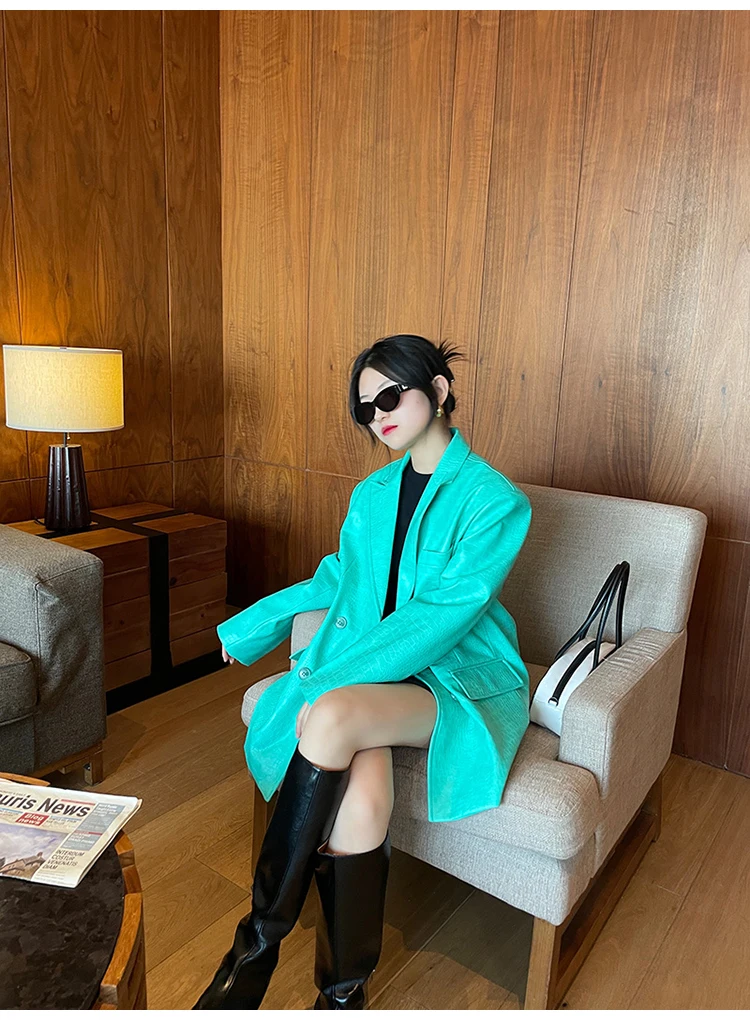 Lautaro Autumn Oversized Shiny Purple Crocodile Pattern Faux Leather Blazer Women Long Sleeve Double Breasted Y2K Jacket Fashion