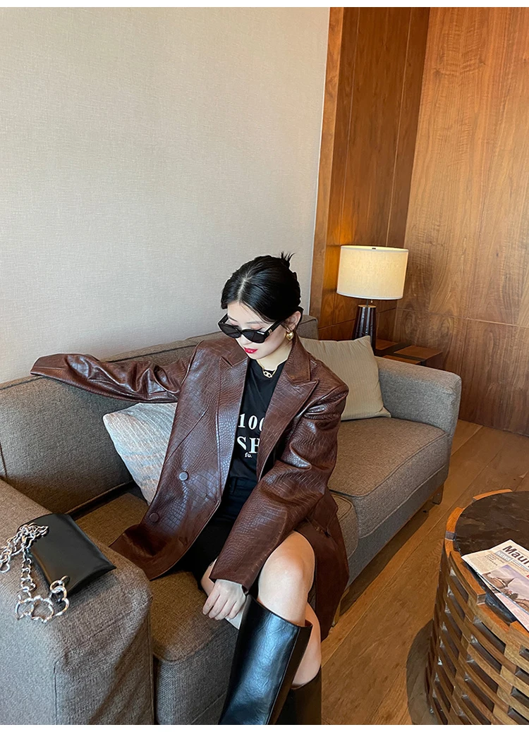Lautaro Autumn Oversized Shiny Purple Crocodile Pattern Faux Leather Blazer Women Long Sleeve Double Breasted Y2K Jacket Fashion