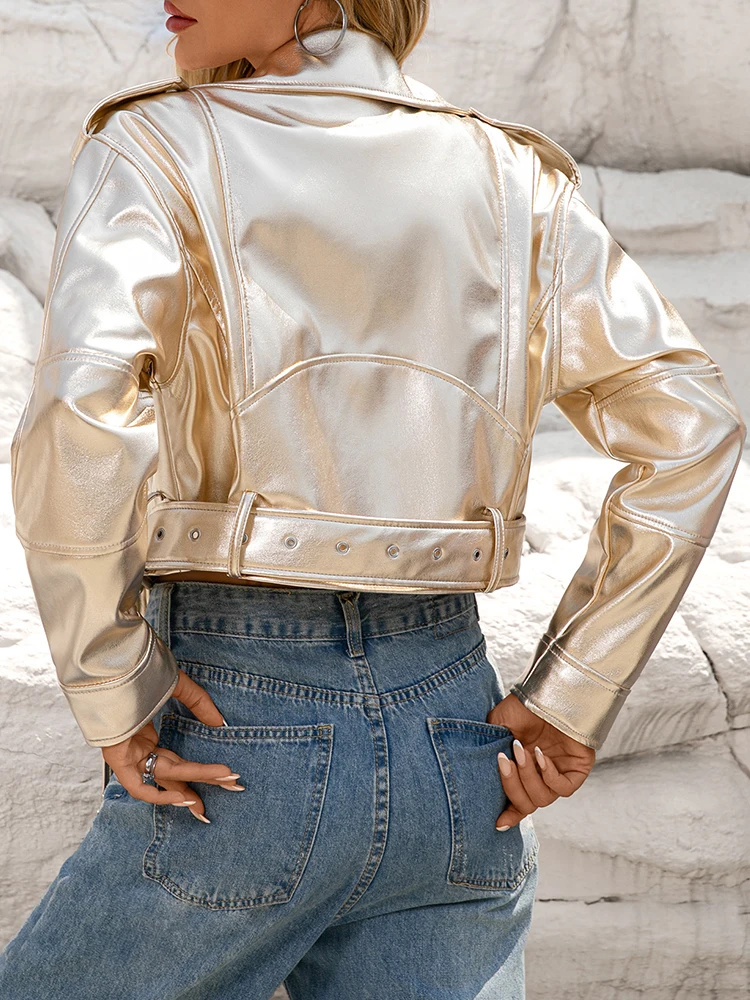 Ailegogo New Spring Autumn Women Loose Short Gold Faux Leather Jacket Streetwear Female Zipper Belt Moto Biker Coat Outwear