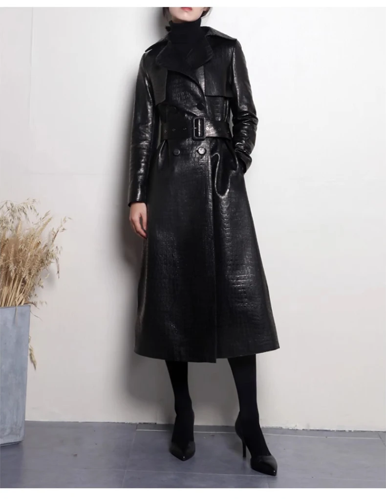 Lautaro Autumn Long Shiny Reflective Patent Faux Leather Trench Coat for Women Belt Double Breasted Luxury Designer Clothes 2023