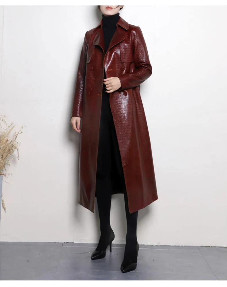 Lautaro Autumn Long Shiny Reflective Patent Faux Leather Trench Coat for Women Belt Double Breasted Luxury Designer Clothes 2023