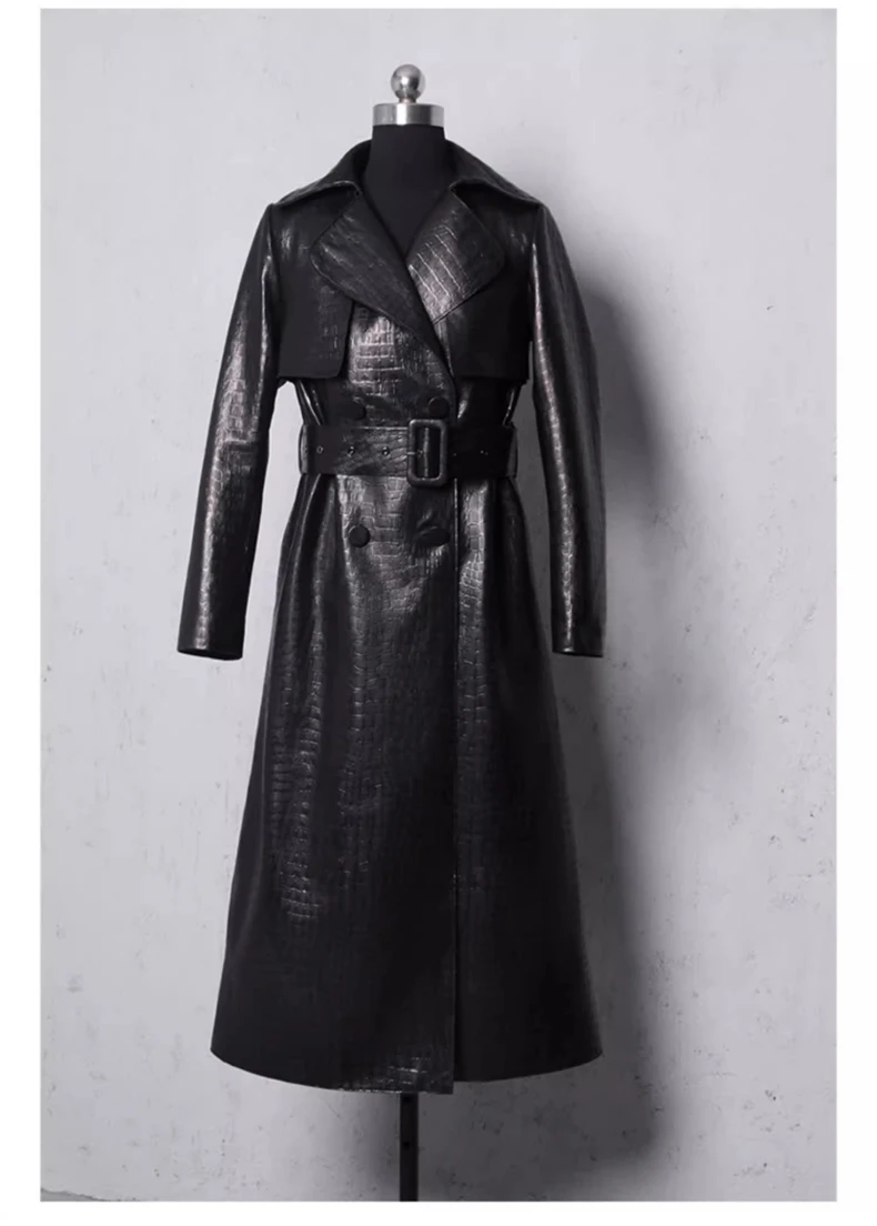 Lautaro Autumn Long Shiny Reflective Patent Faux Leather Trench Coat for Women Belt Double Breasted Luxury Designer Clothes 2023