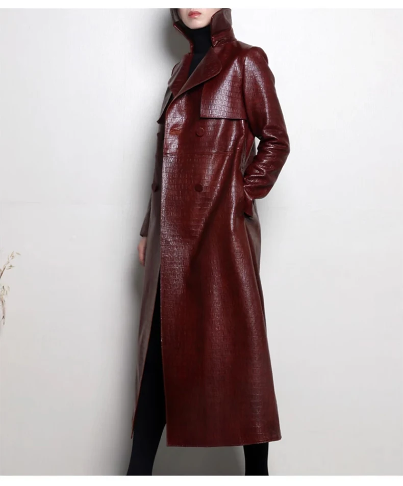 Lautaro Autumn Long Shiny Reflective Patent Faux Leather Trench Coat for Women Belt Double Breasted Luxury Designer Clothes 2023