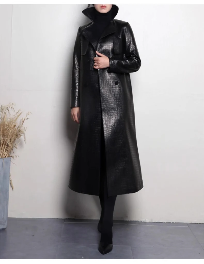 Lautaro Autumn Long Shiny Reflective Patent Faux Leather Trench Coat for Women Belt Double Breasted Luxury Designer Clothes 2023