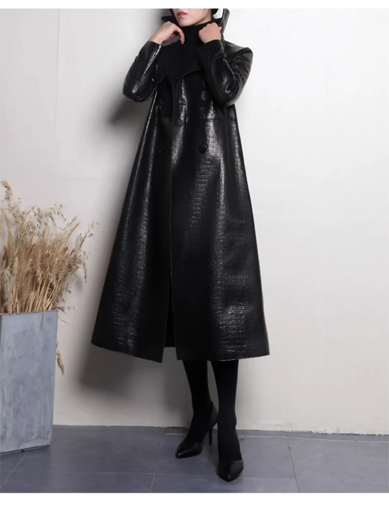 Lautaro Autumn Long Shiny Reflective Patent Faux Leather Trench Coat for Women Belt Double Breasted Luxury Designer Clothes 2023