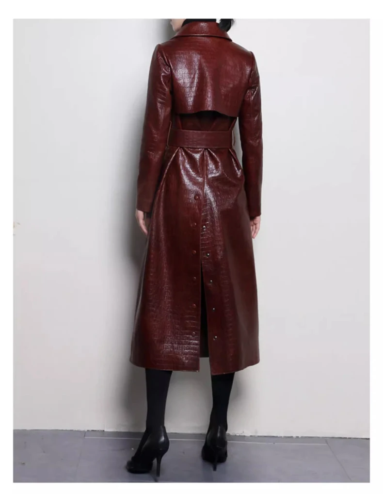 Lautaro Autumn Long Shiny Reflective Patent Faux Leather Trench Coat for Women Belt Double Breasted Luxury Designer Clothes 2023