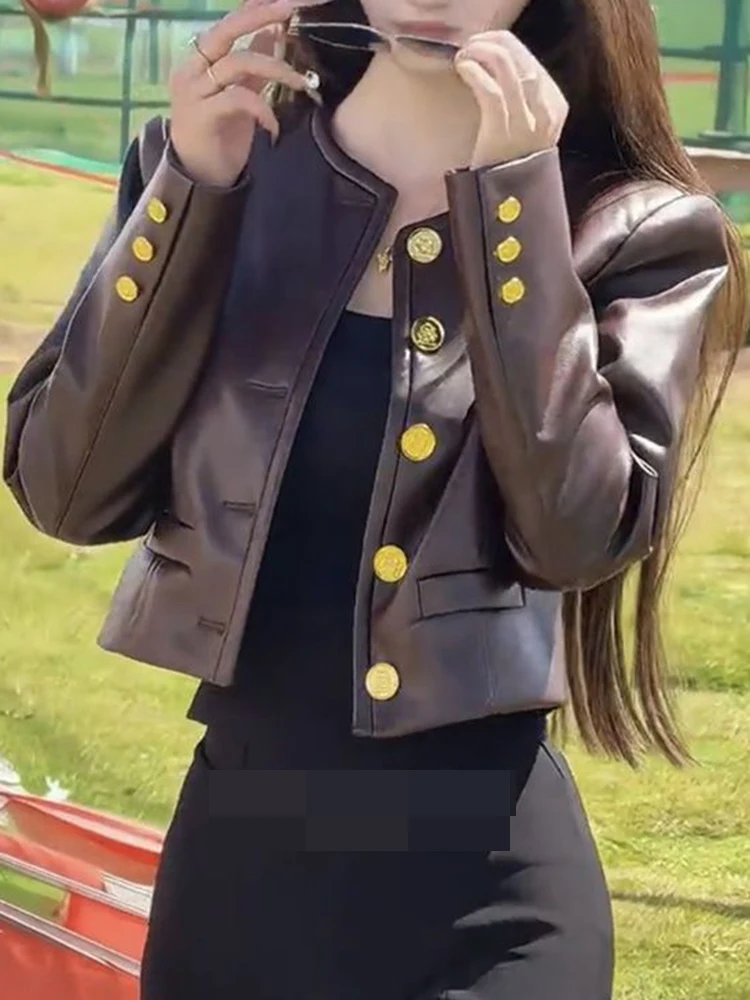 2025 autumn new fashion leather U coat women's high-end heavy industry metal buckle lapel thin short leather jacket