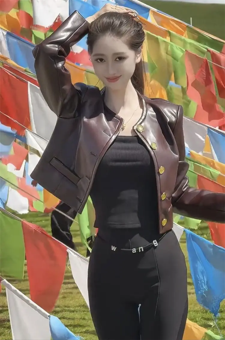 2025 autumn new fashion leather U coat women's high-end heavy industry metal buckle lapel thin short leather jacket