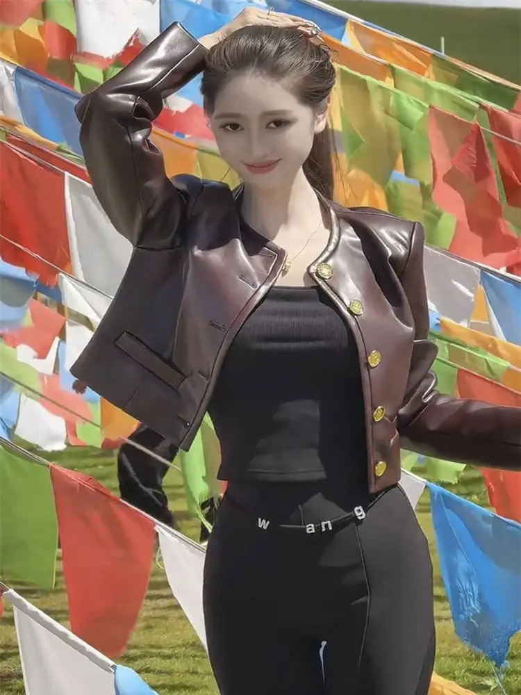 2025 autumn new fashion leather U coat women's high-end heavy industry metal buckle lapel thin short leather jacket