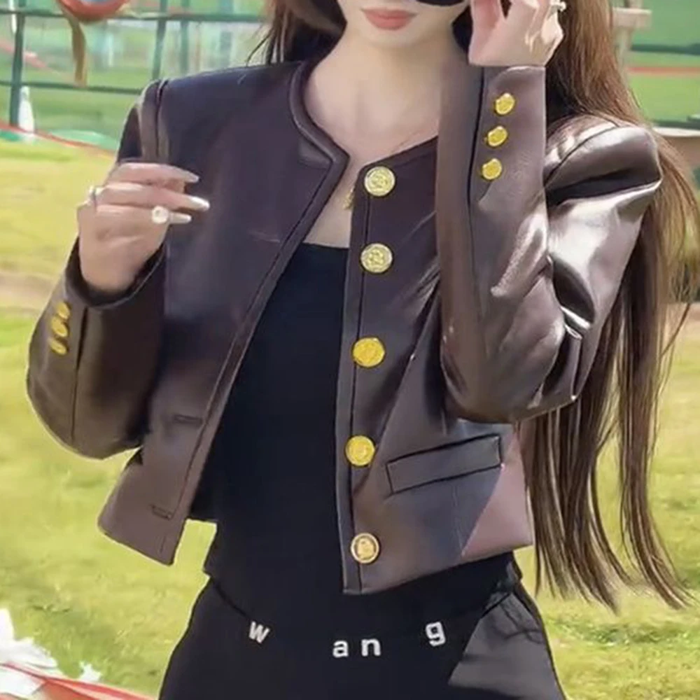 2025 autumn new fashion leather U coat women's high-end heavy industry metal buckle lapel thin short leather jacket