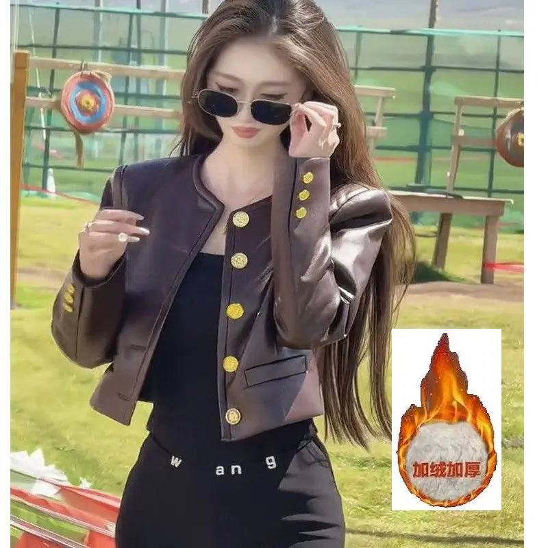 2025 autumn new fashion leather U coat women's high-end heavy industry metal buckle lapel thin short leather jacket
