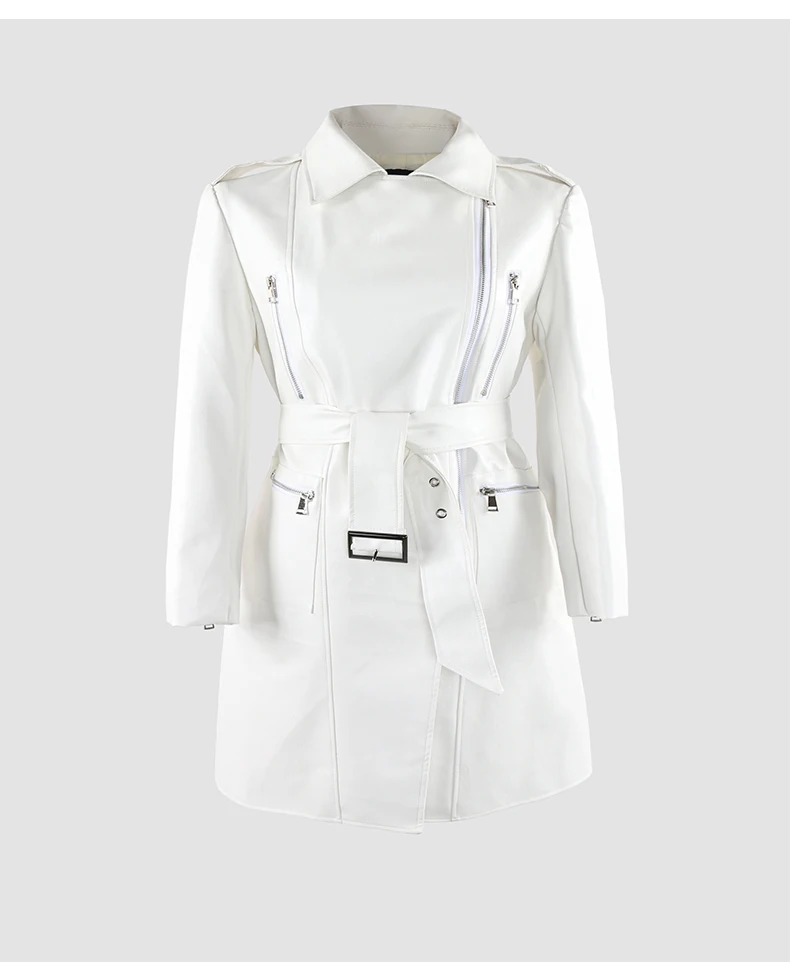 Mauroicardi Spring Autumn Cool Fitted Long White Faux Leather Moto Biker Jacket Women Belt Black Luxury Designer Clothes 2025