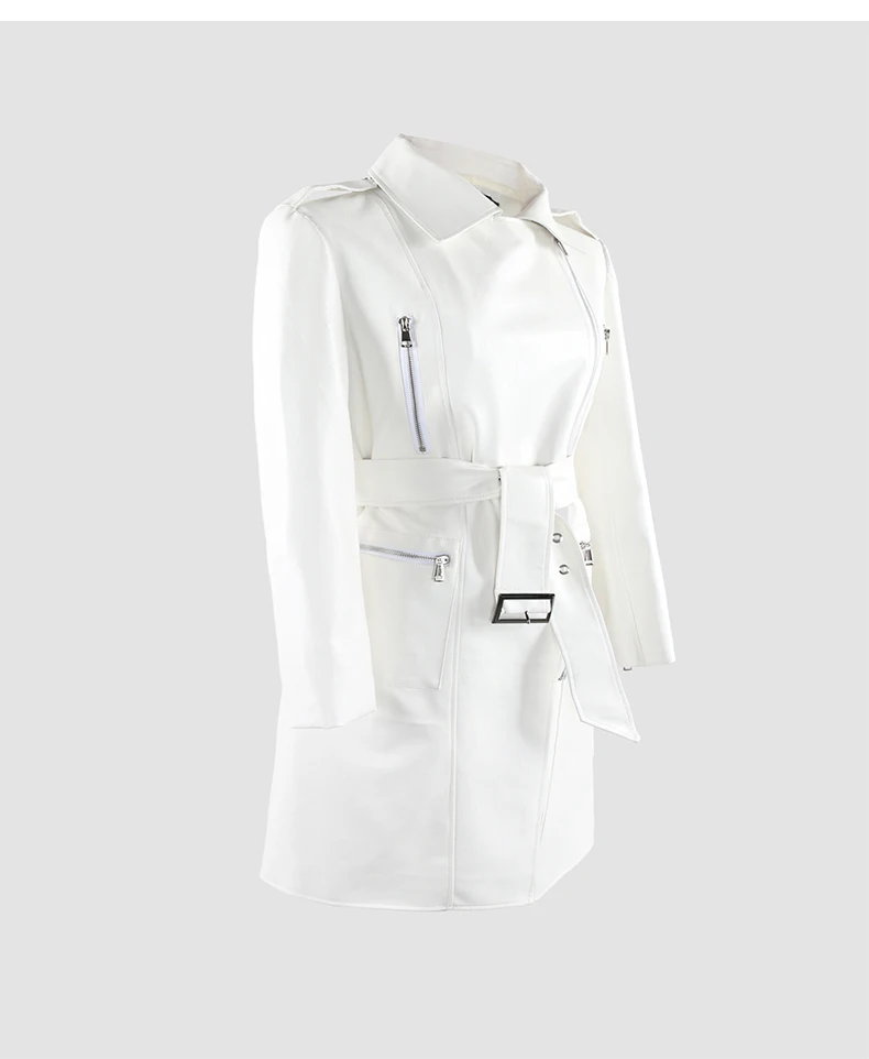Mauroicardi Spring Autumn Cool Fitted Long White Faux Leather Moto Biker Jacket Women Belt Black Luxury Designer Clothes 2025