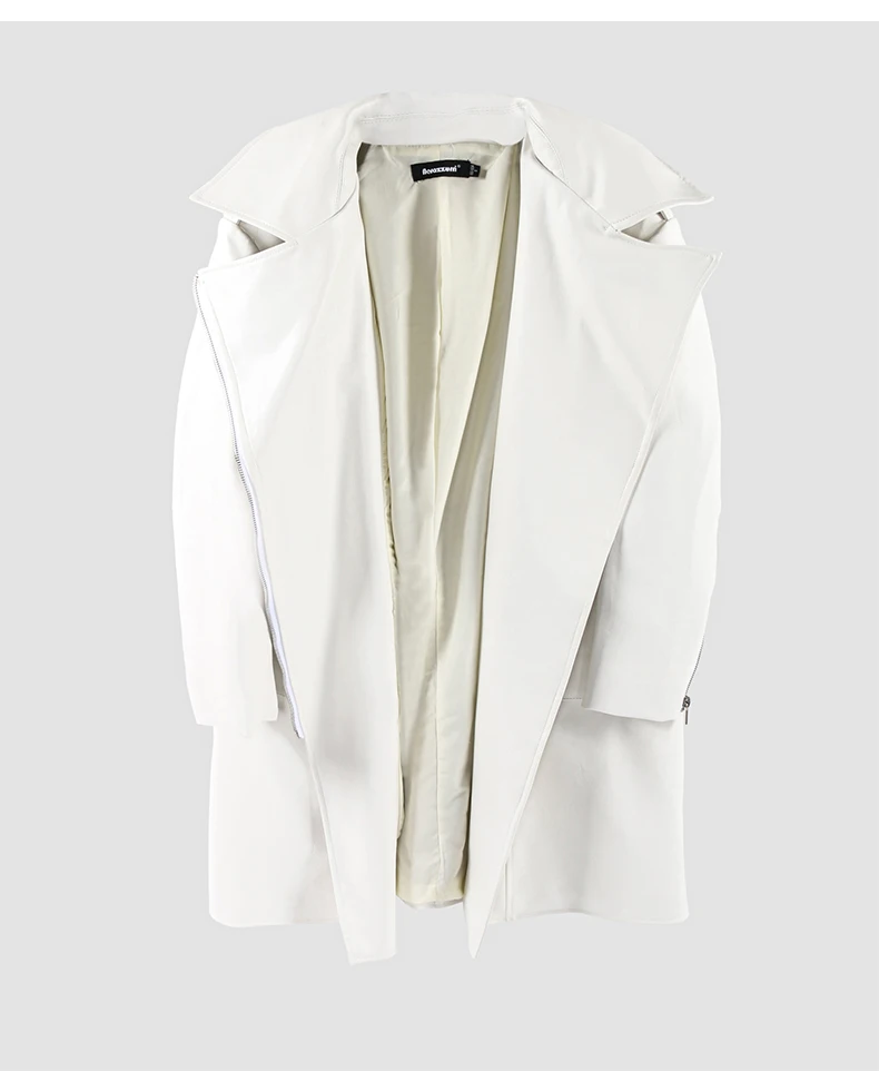 Mauroicardi Spring Autumn Cool Fitted Long White Faux Leather Moto Biker Jacket Women Belt Black Luxury Designer Clothes 2025