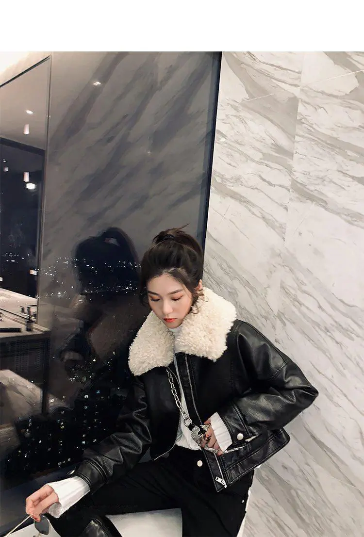 New Vintage Winter Leather Jacket Women Black Biker Coat Female Windbreak 2021 Lamb Fur Collar Thick Jacket