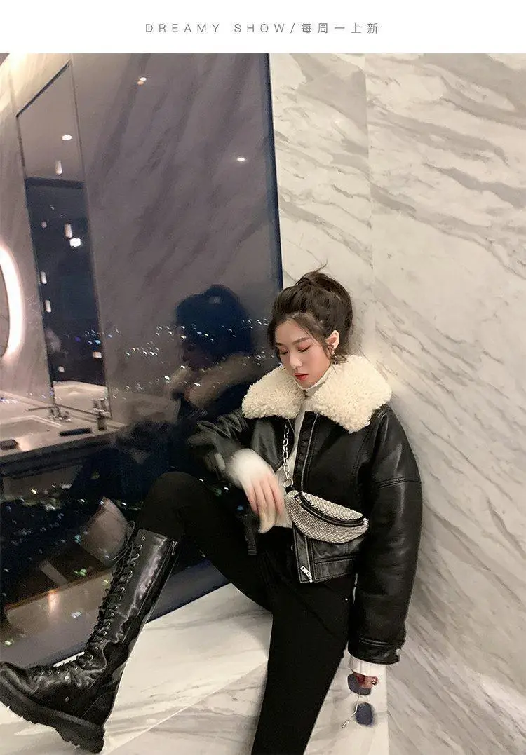 New Vintage Winter Leather Jacket Women Black Biker Coat Female Windbreak 2021 Lamb Fur Collar Thick Jacket