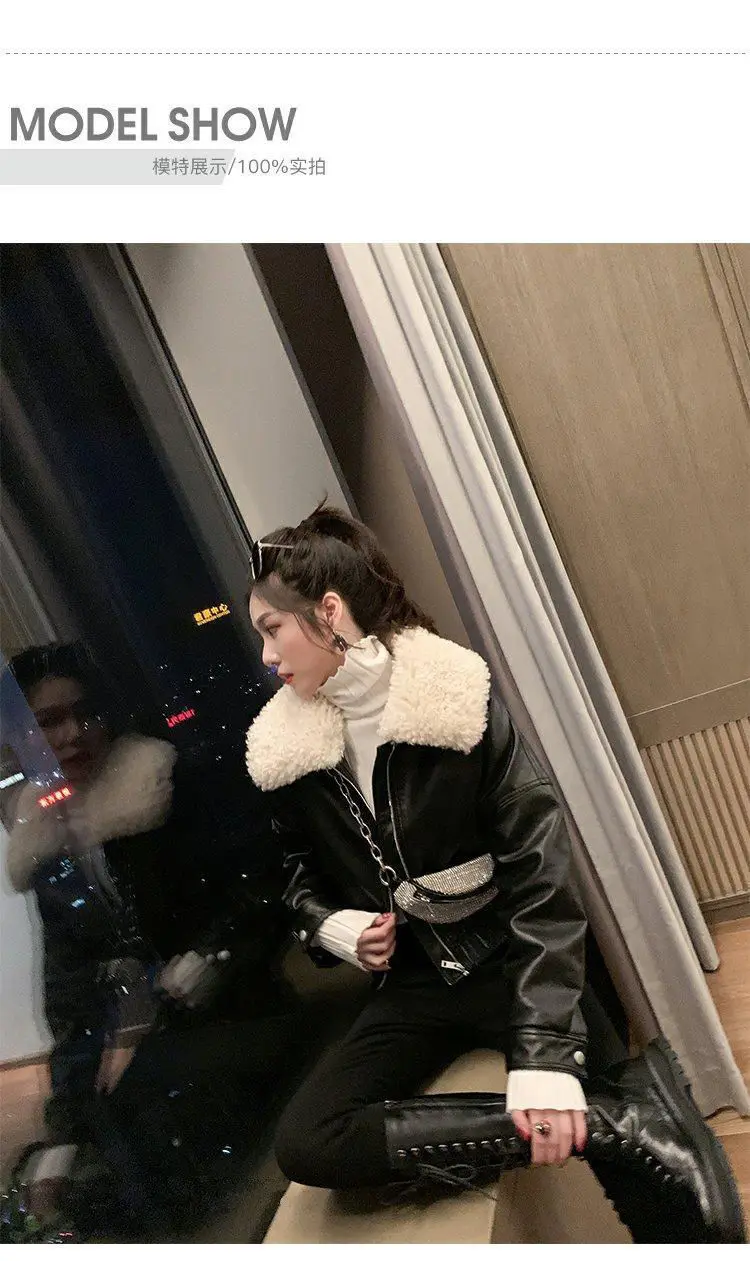New Vintage Winter Leather Jacket Women Black Biker Coat Female Windbreak 2021 Lamb Fur Collar Thick Jacket