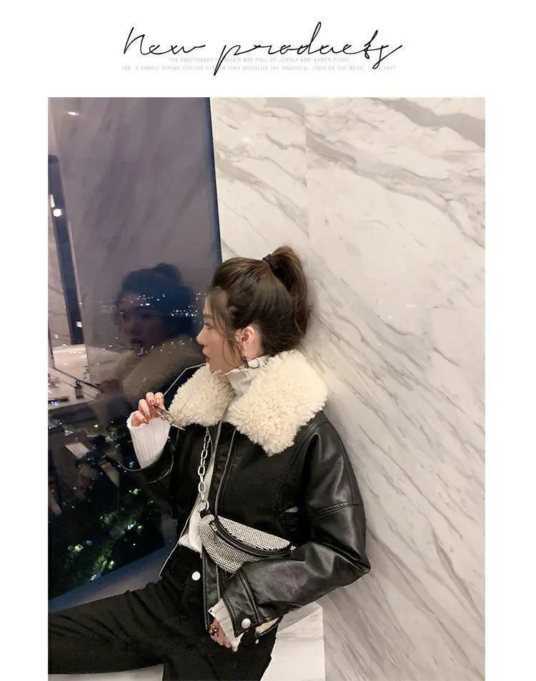 New Vintage Winter Leather Jacket Women Black Biker Coat Female Windbreak 2021 Lamb Fur Collar Thick Jacket
